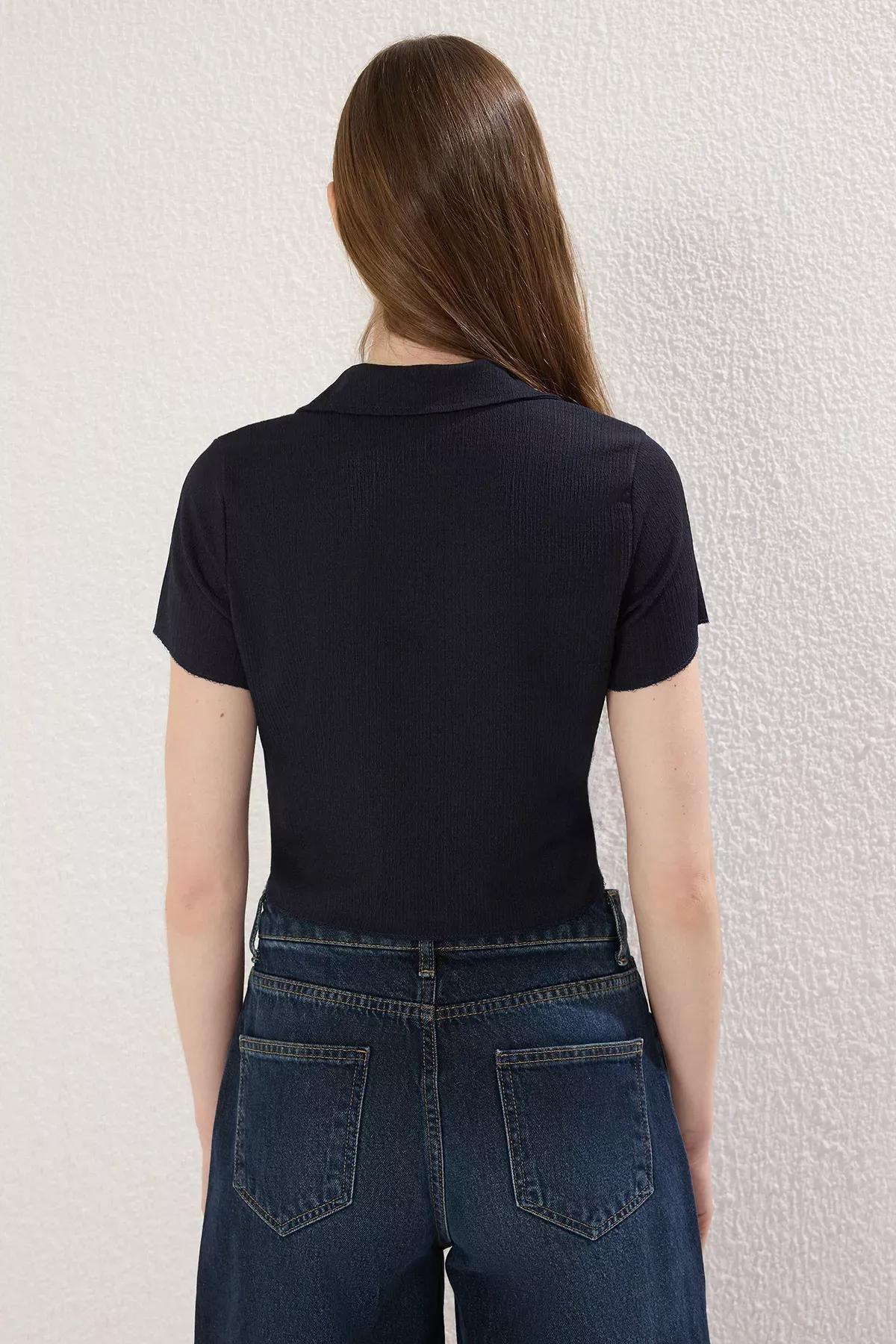 Navy Polo Button Knit Blouse, Navy blue, large image number 3