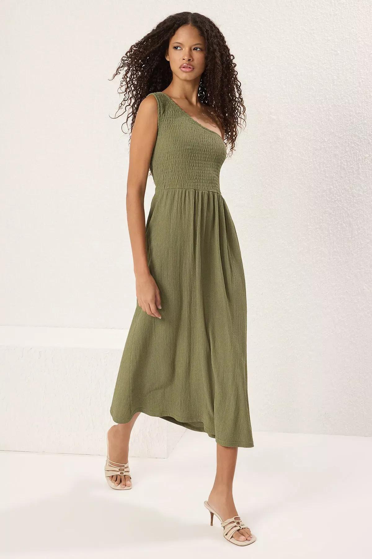 Green Textured Knit Midi Dress, Khaki, large image number 0