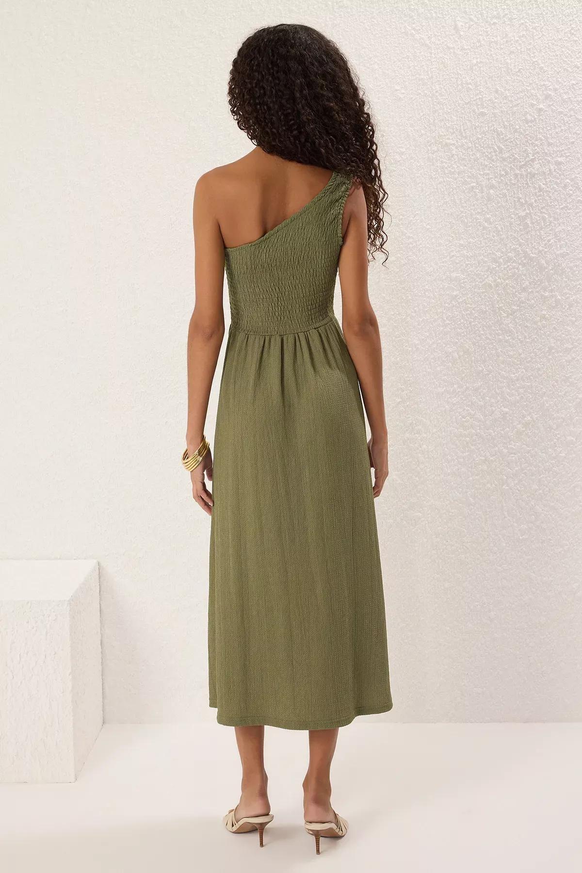 Green Textured Knit Midi Dress, Khaki, large image number 3