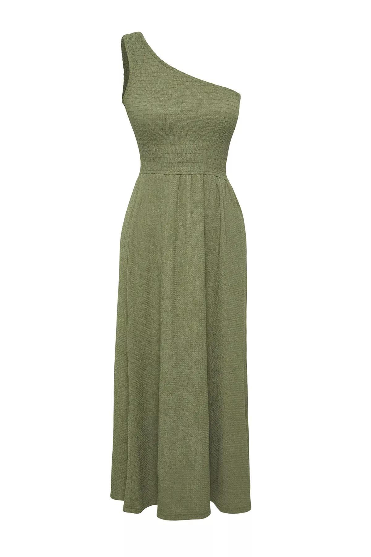 Green Textured Knit Midi Dress, Khaki, large image number 4