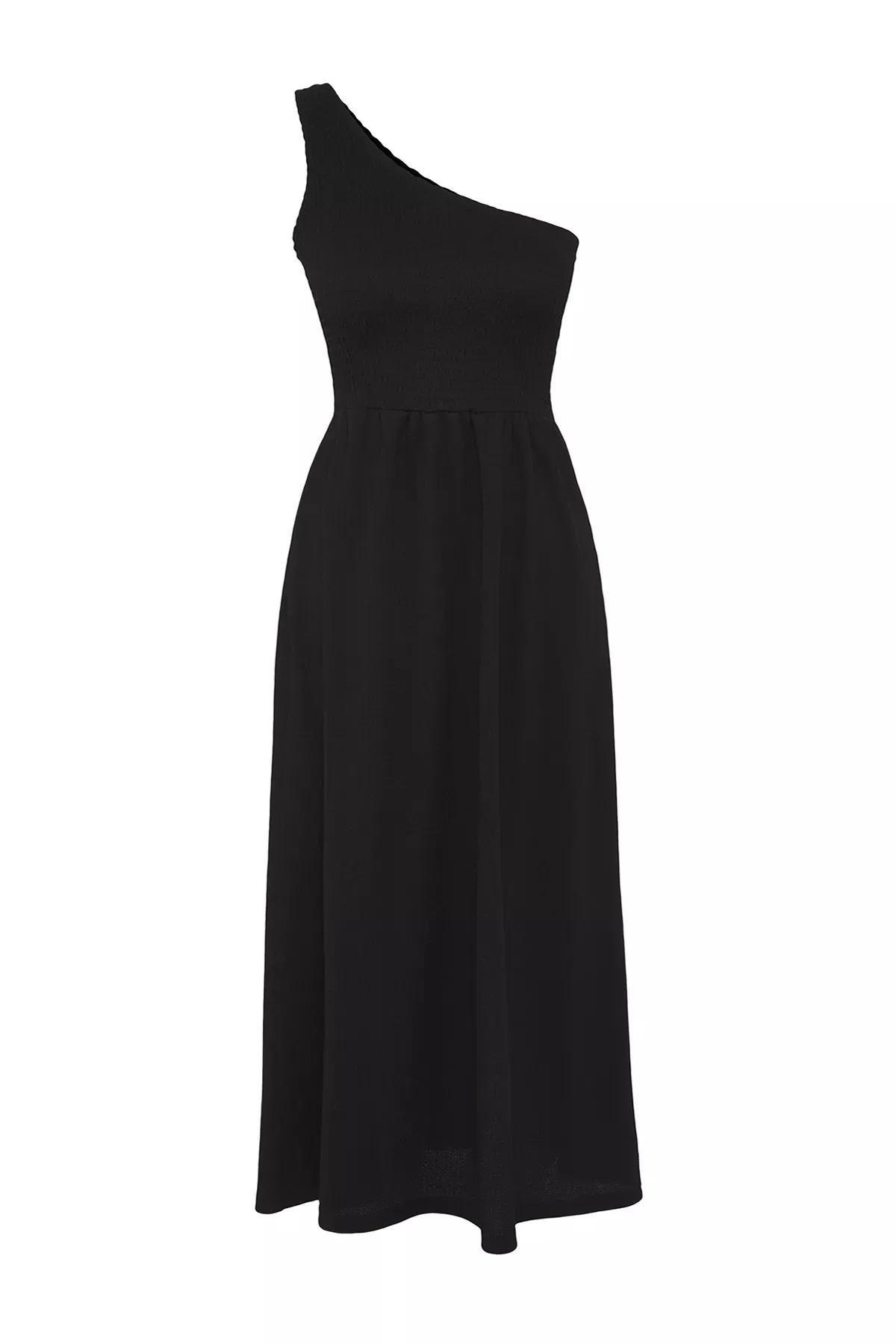 Black Plain Crepe Textured Dress, , large image number 4