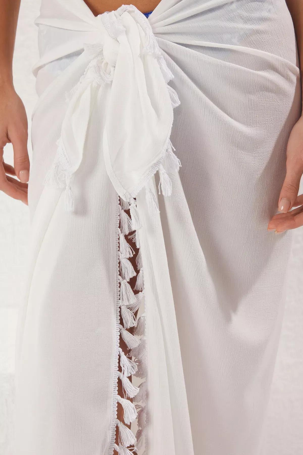 Beige Tassel Wraparound Dress, Ecru, medium