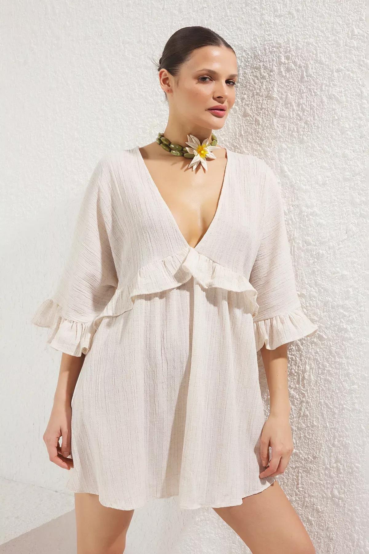 Beige Mini Ruffle Dress, , large image number 1