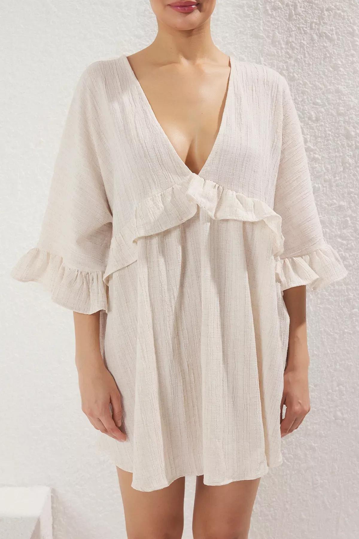 Beige Mini Ruffle Dress, , large image number 2