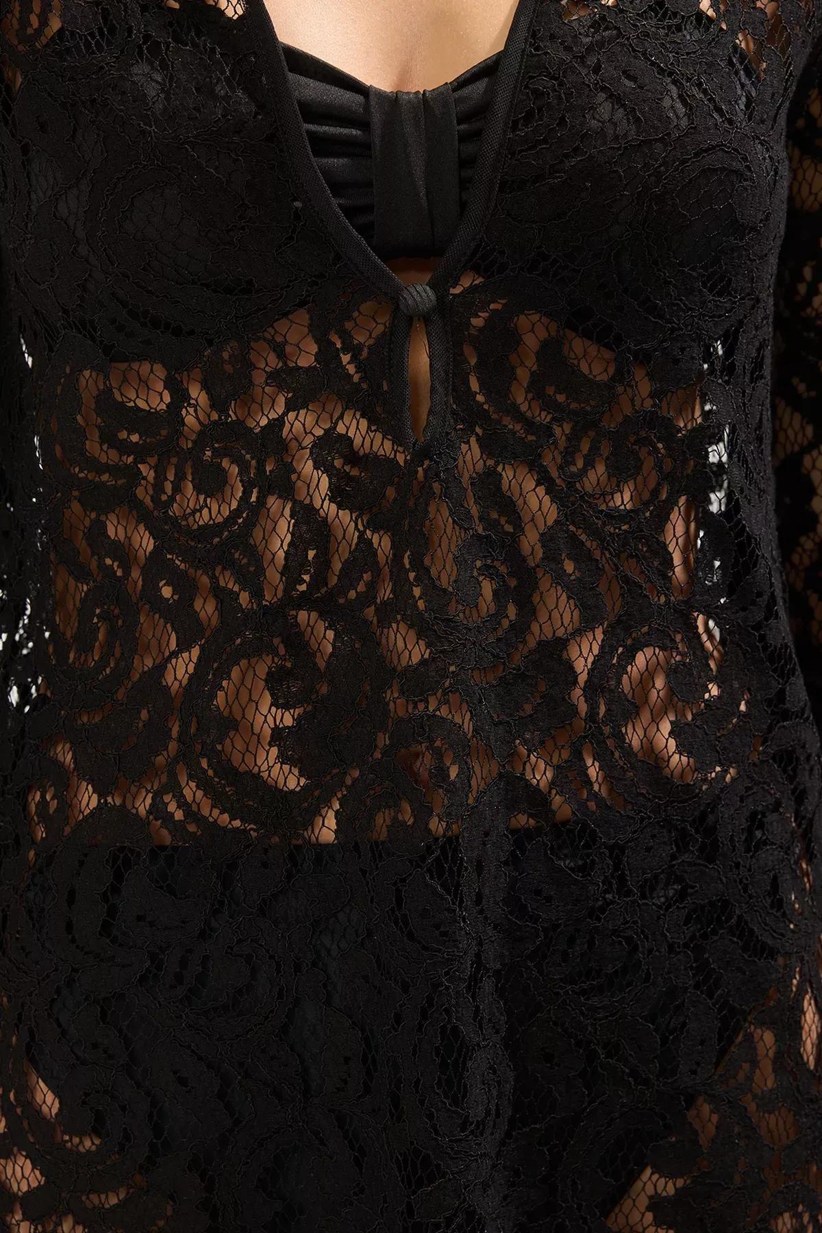 Black Mini Knit Lace Beach Dress, , large image number 2