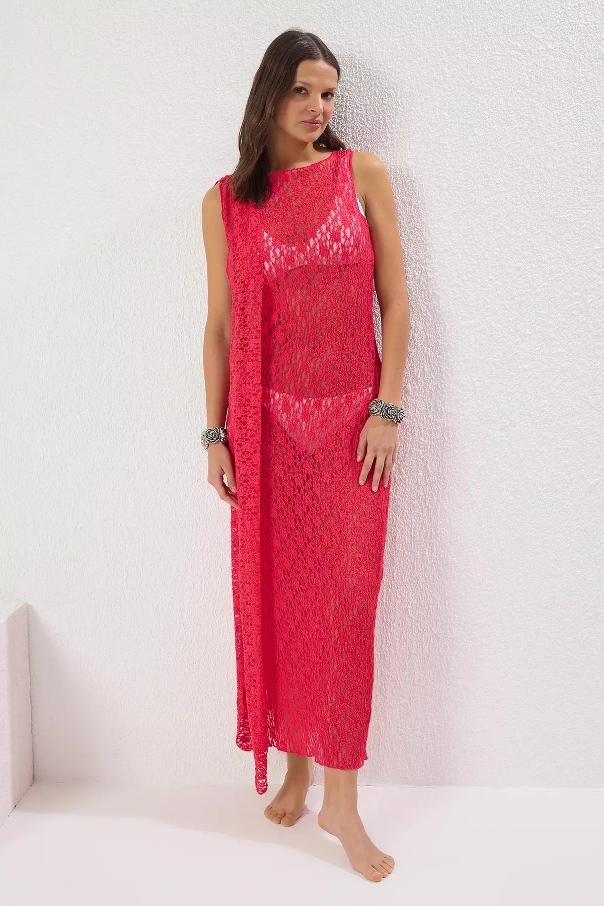Pink Maxi Knitted Lace Dress, Fuchsia, large image number 2