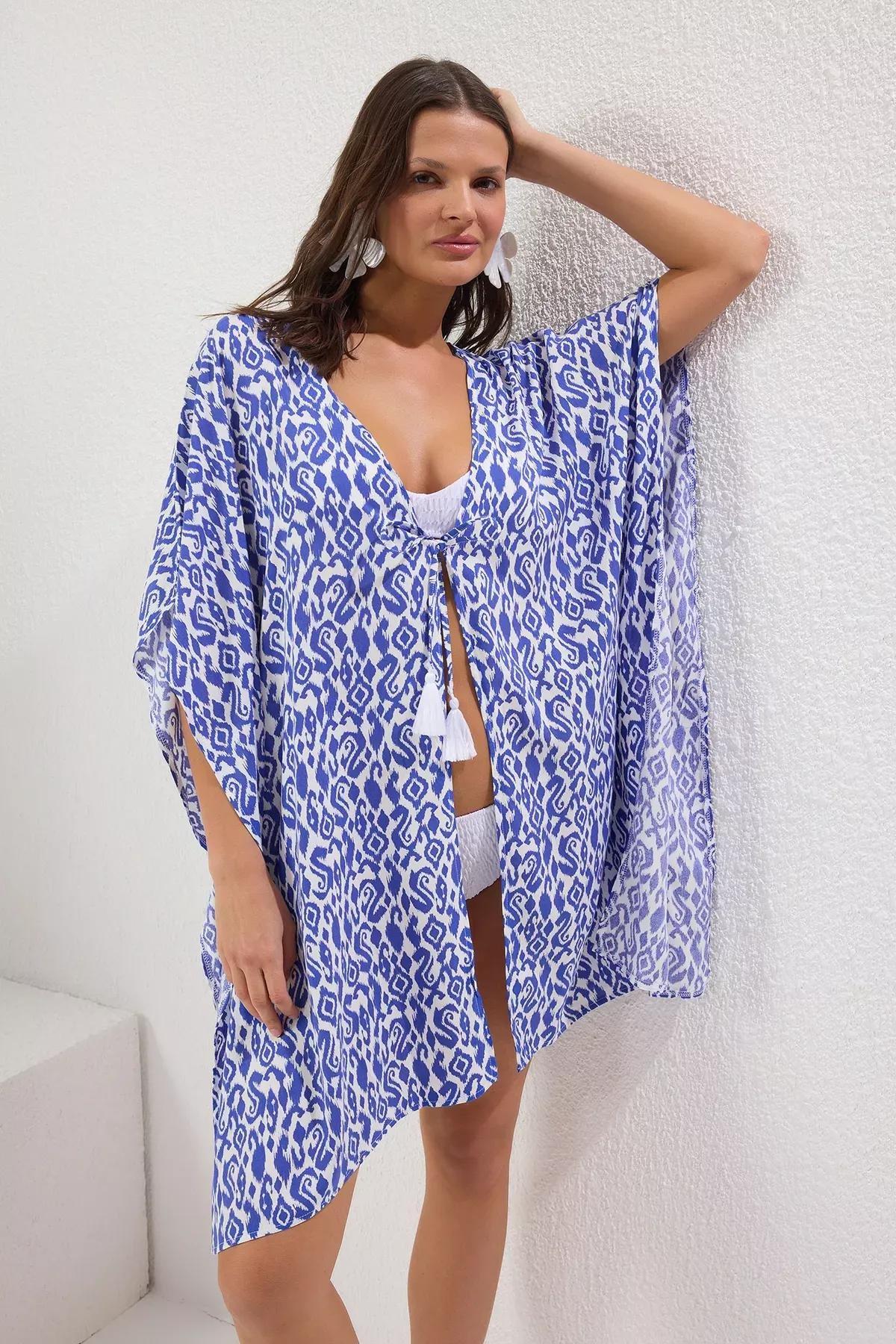 Blue Shawl Patterned Beach Kimono, Very colorful, large image number 2