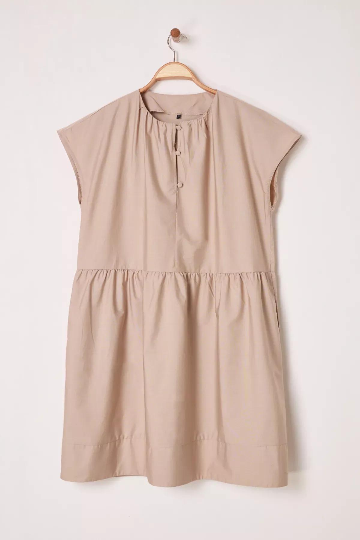 Buttoned Poplin Midi Dress, CAMEL, large image number 0