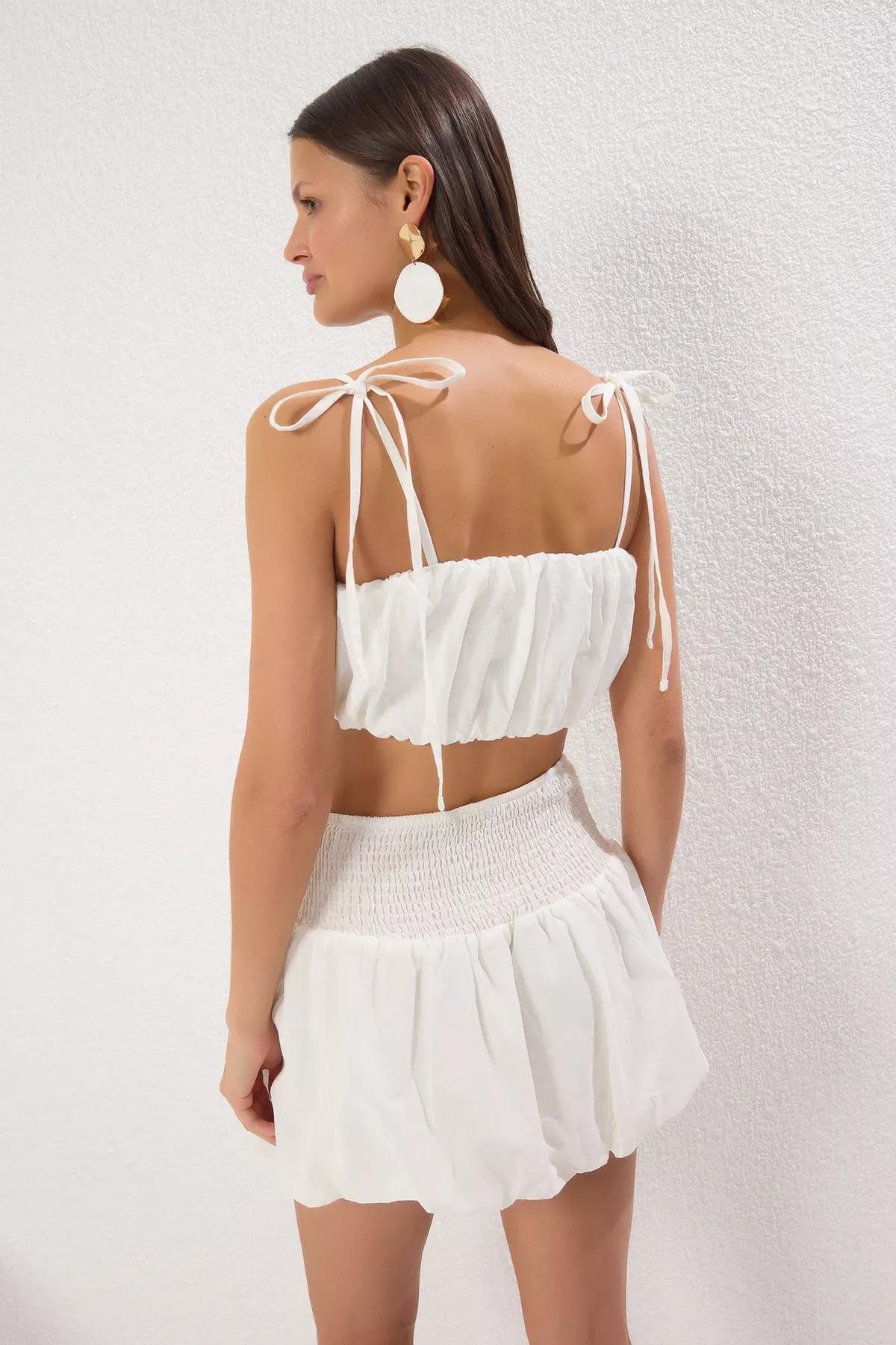 White Woven Flamed Skirt Blouse Co-Ord Set, White, large image number 4