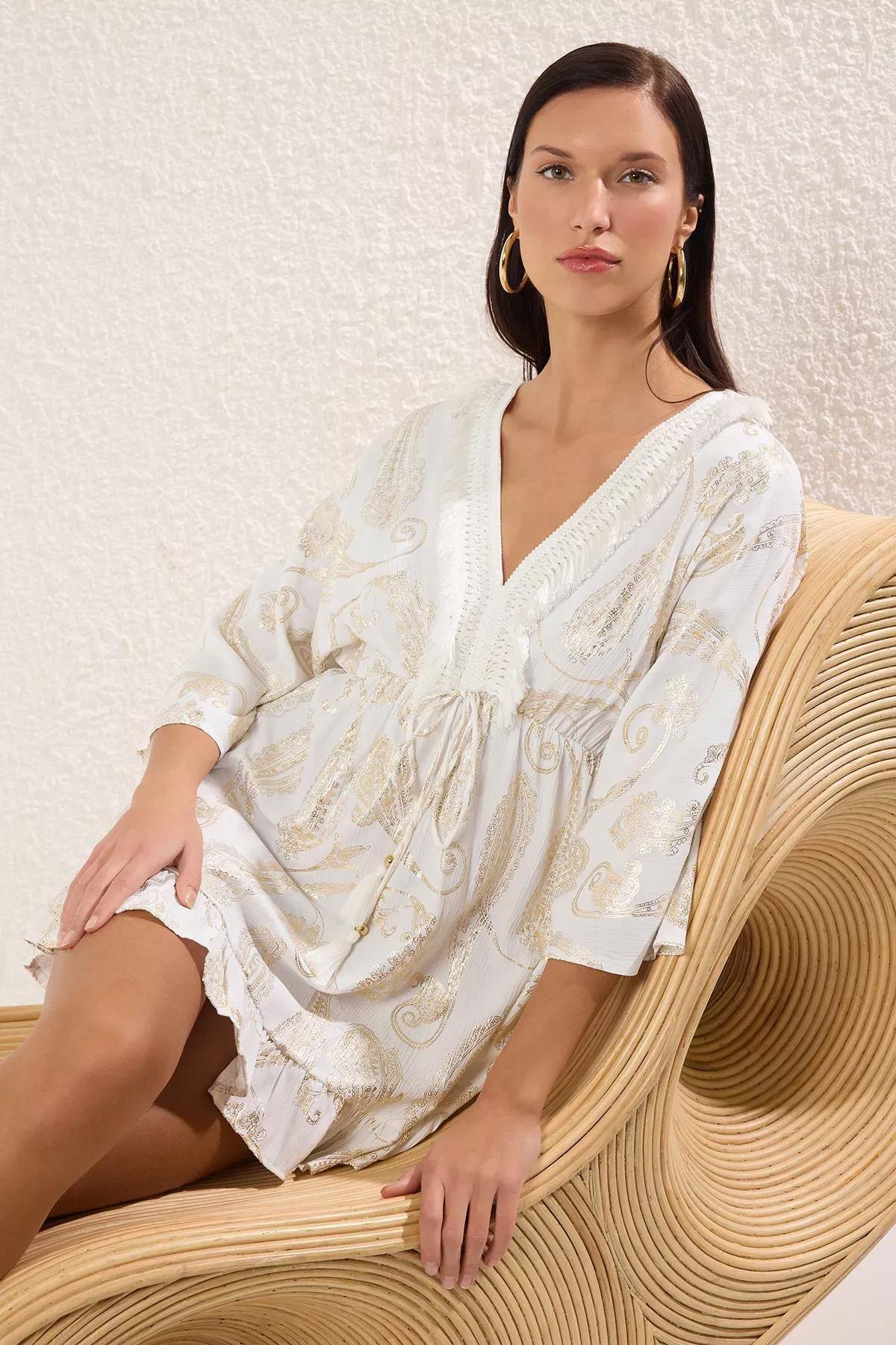 Shawl Patterned Mini Woven Tassel Accessory Beach Dress TBESS25EL00096, , large image number 0