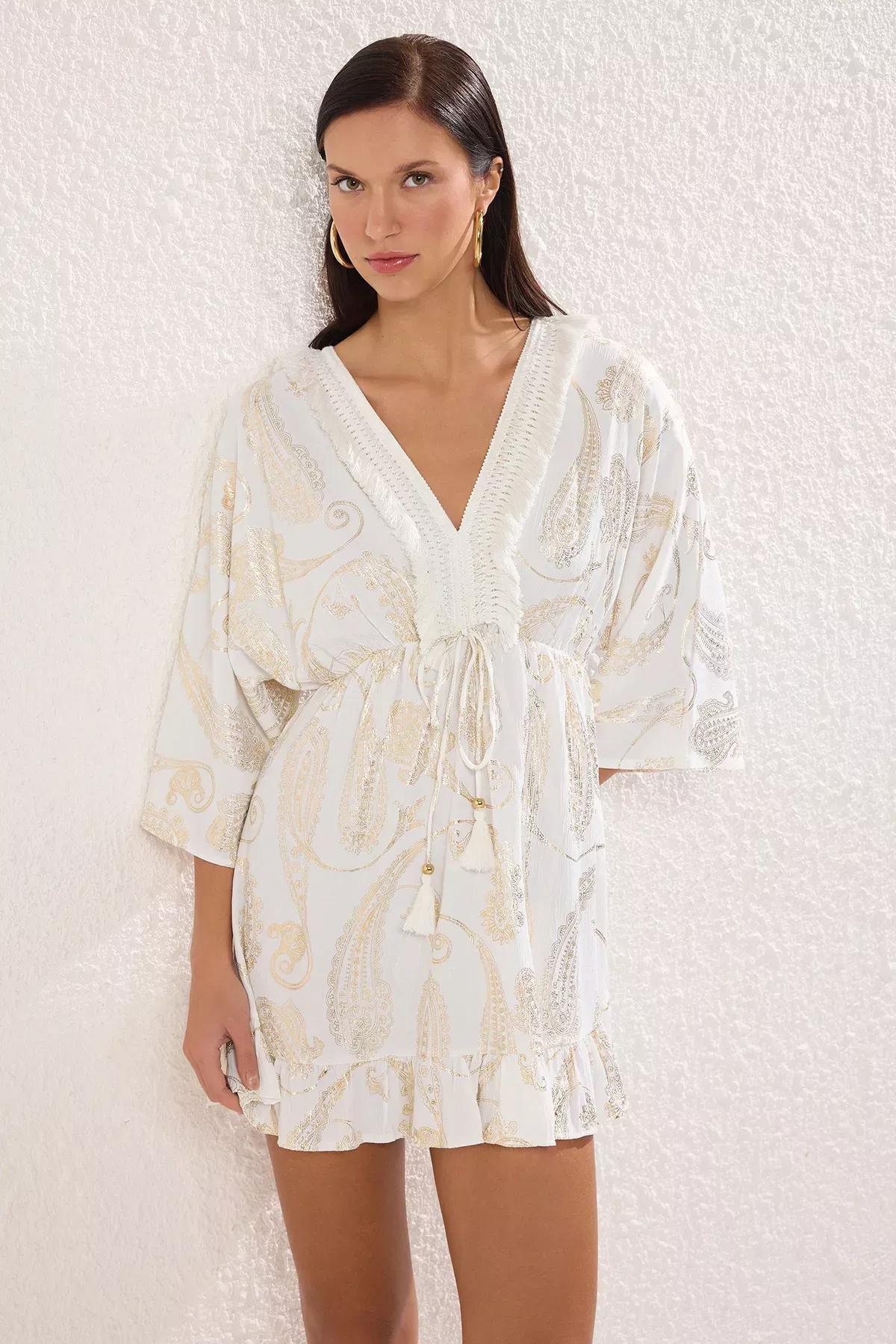 Shawl Patterned Mini Woven Tassel Accessory Beach Dress TBESS25EL00096, , large image number 1