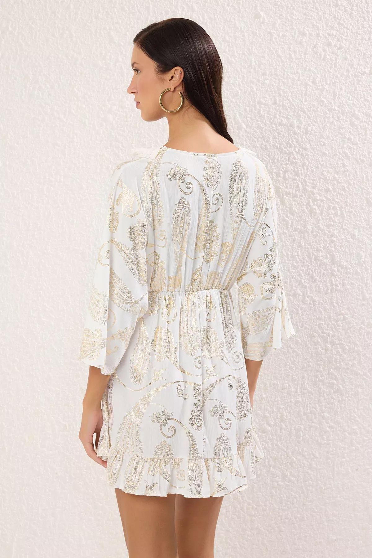 Shawl Patterned Mini Woven Tassel Accessory Beach Dress TBESS25EL00096, , large image number 3