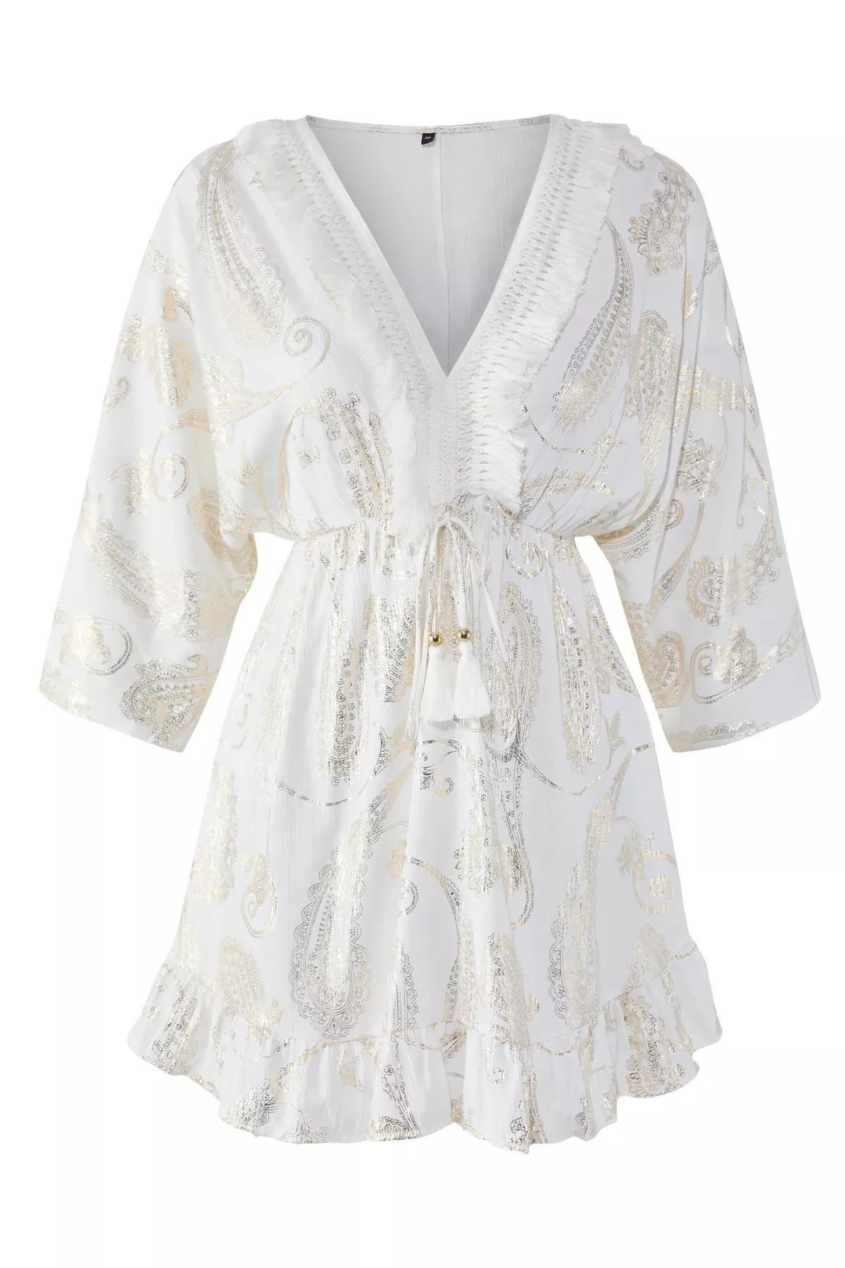Shawl Patterned Mini Woven Tassel Accessory Beach Dress TBESS25EL00096, , large image number 4
