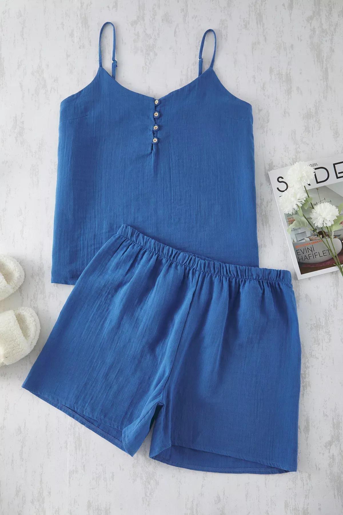 Blue V-Neck Muslin Pajama Set, Indigo, large image number 0
