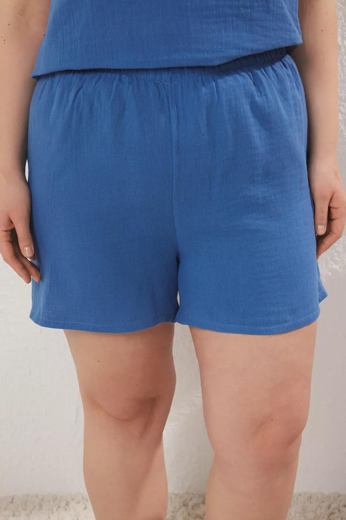 Blue V-Neck Muslin Pajama Set, Indigo, large image number 3