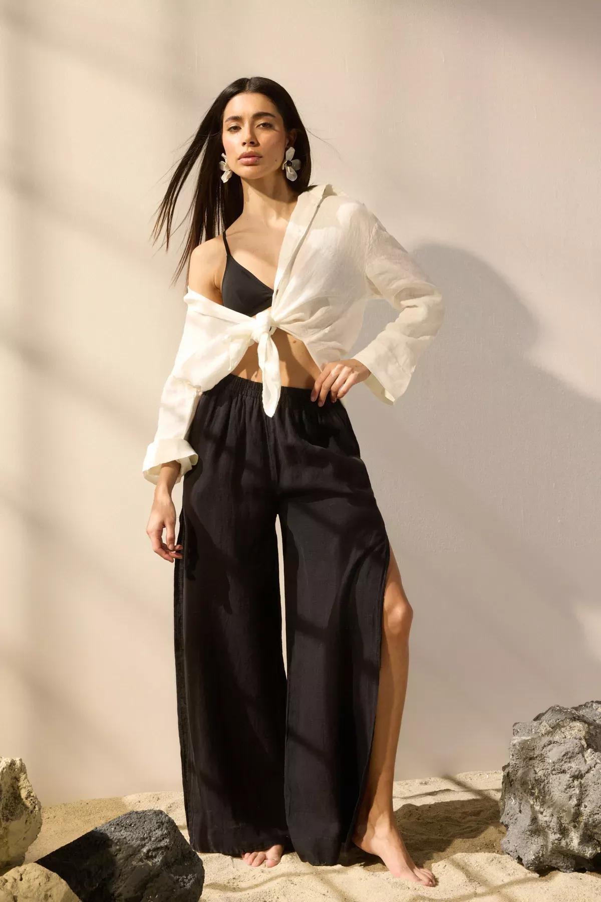 Black Linen Beach Trousers, BLACK, large image number 1