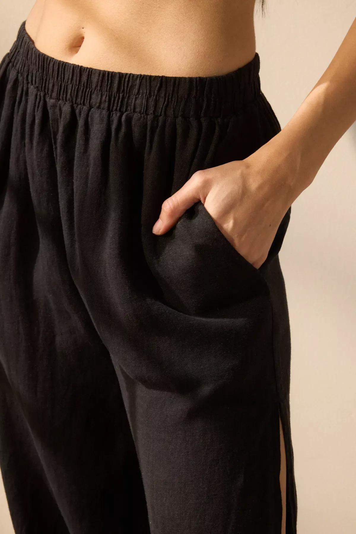 Black Linen Beach Trousers, BLACK, medium