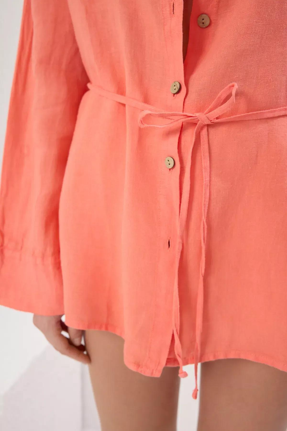 Orange Linen Tied Beach Shirt, , large image number 2