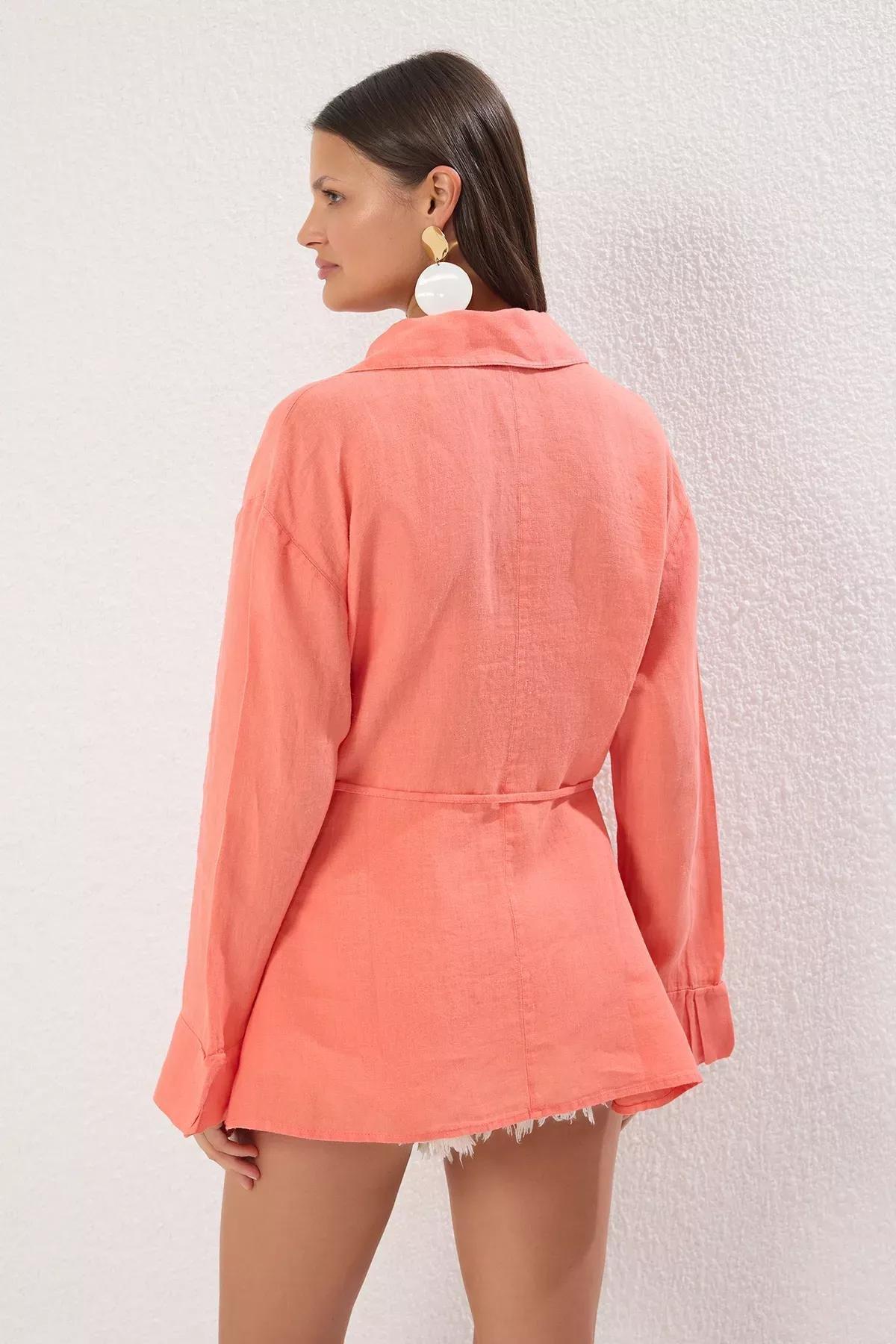 Orange Linen Tied Beach Shirt, , large image number 3