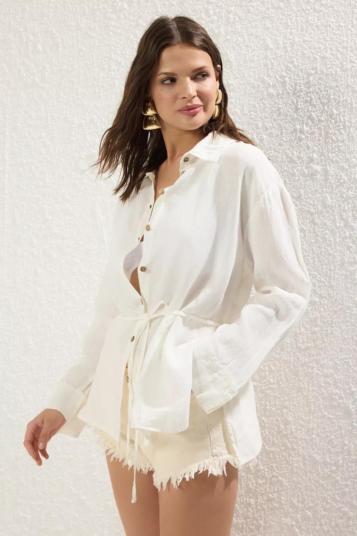 White Linen Tie Beach Shirt, White, large image number 2