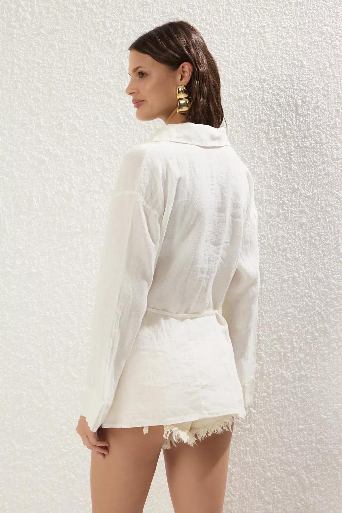 White Linen Tie Beach Shirt, White, large image number 6