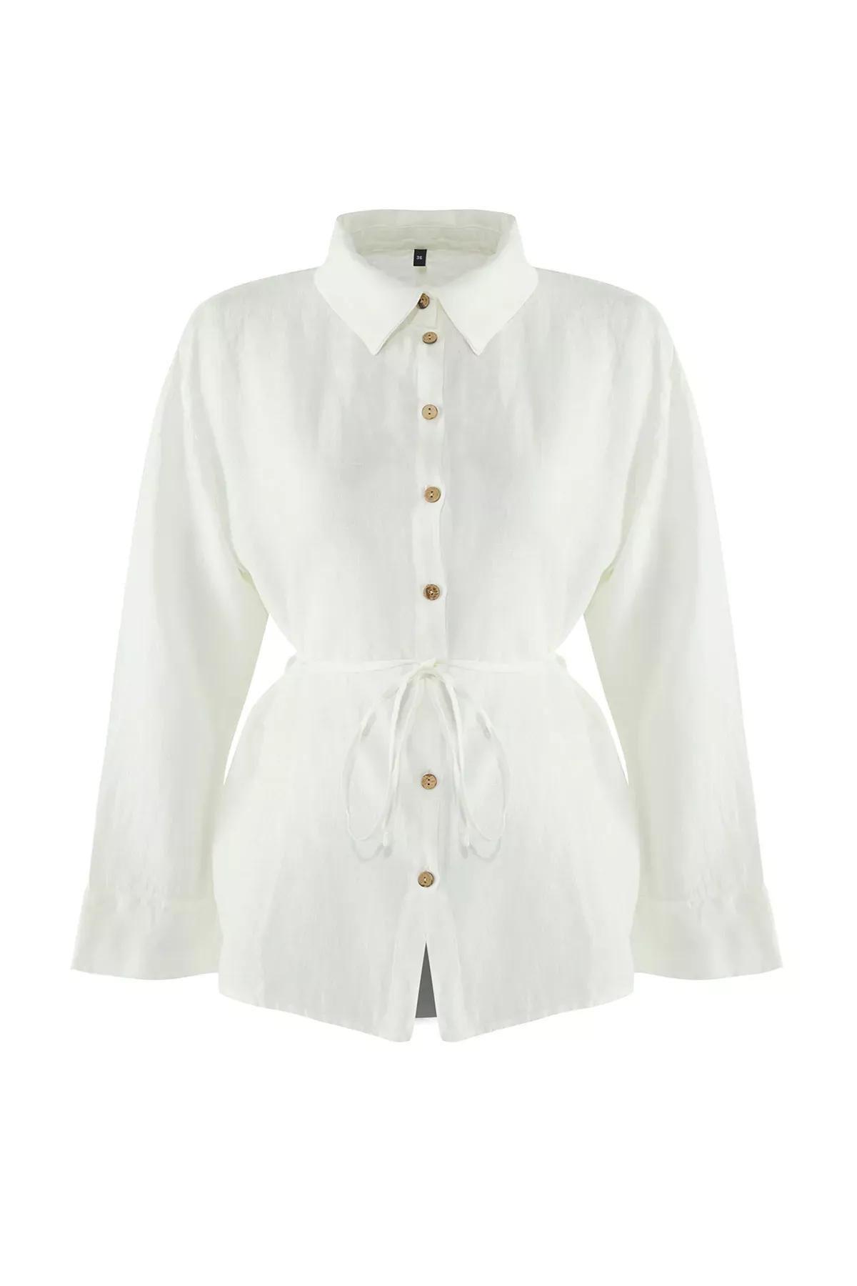 White Linen Tie Beach Shirt, White, large image number 7