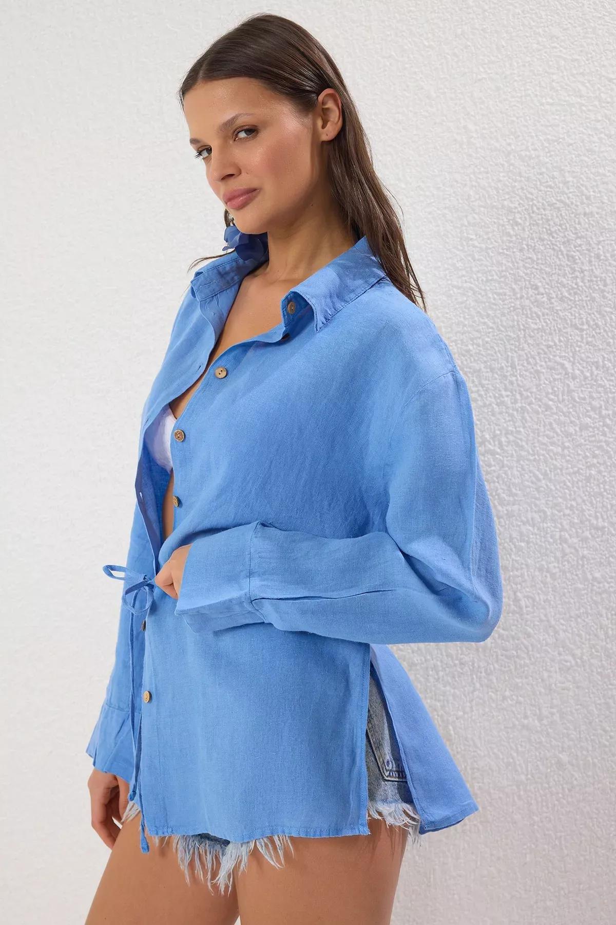 Blue Weaving Linen Beach Shirt, , large image number 1