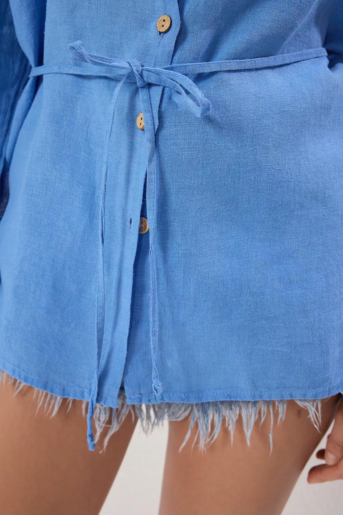 Blue Weaving Linen Beach Shirt, , large image number 2