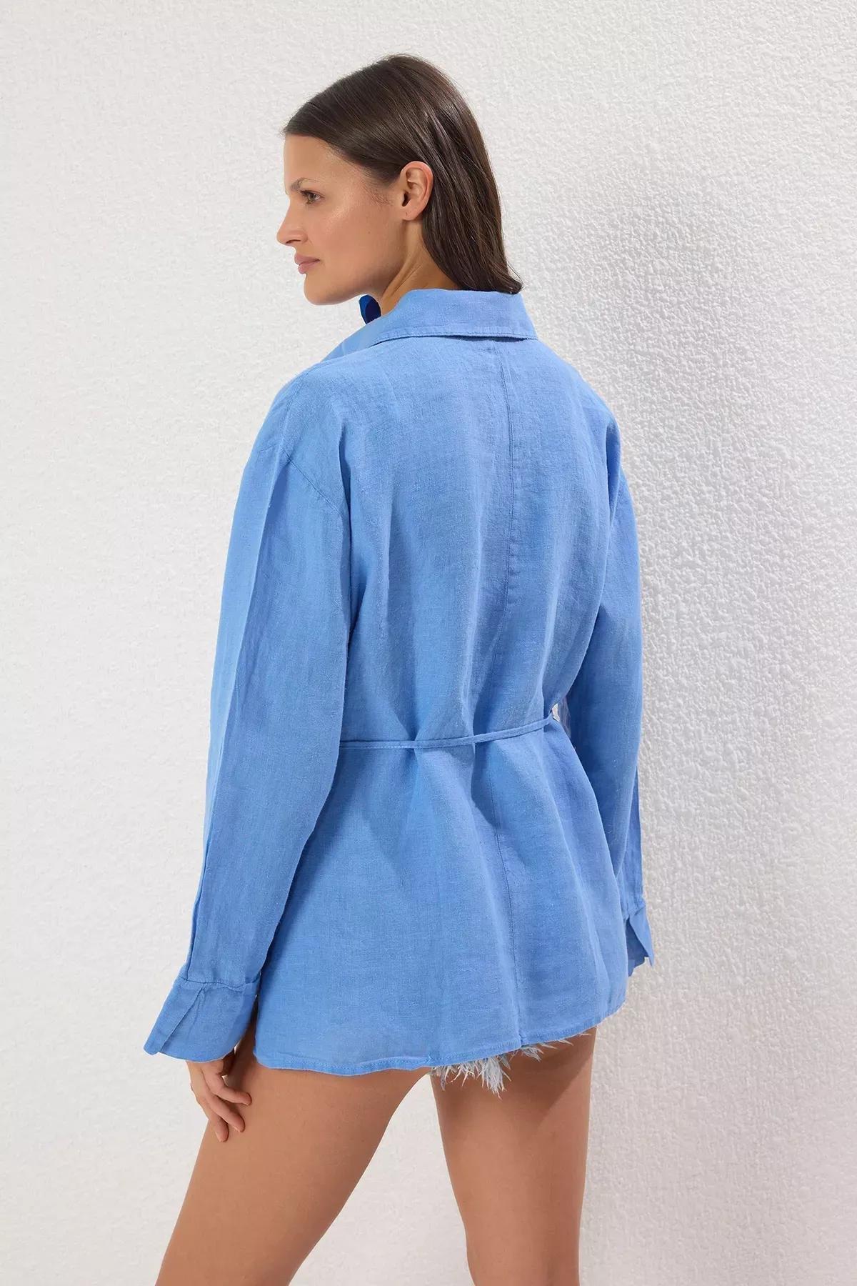 Blue Weaving Linen Beach Shirt, , large image number 3