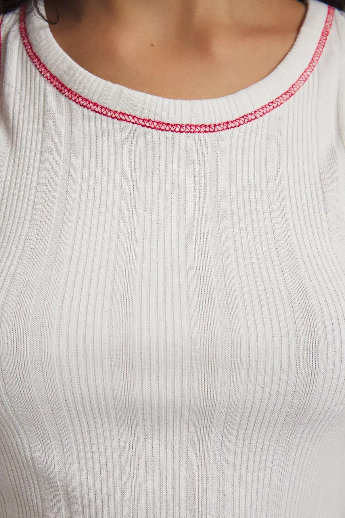 Beige Pointel Textured Crop Tank Top, Ecru, medium