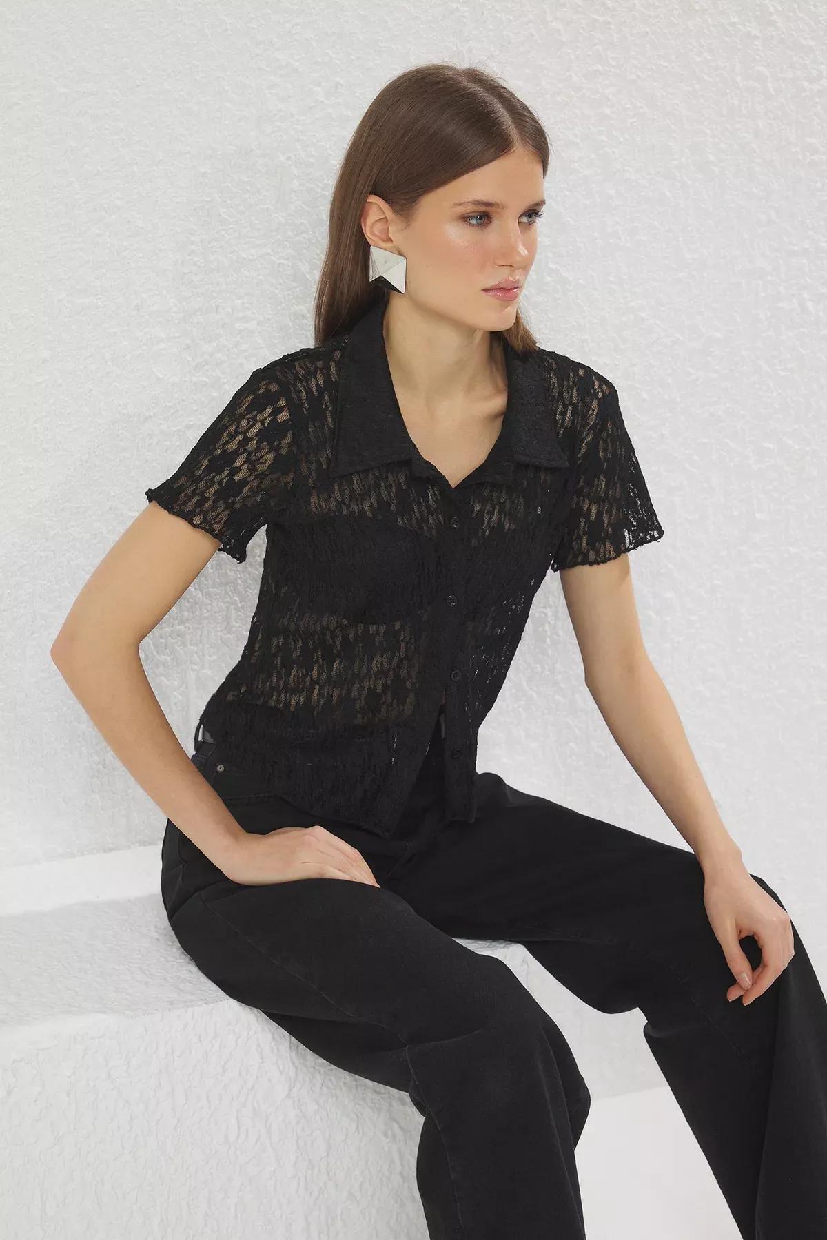 Black Lace Polo Knit Blouse, , large image number 1