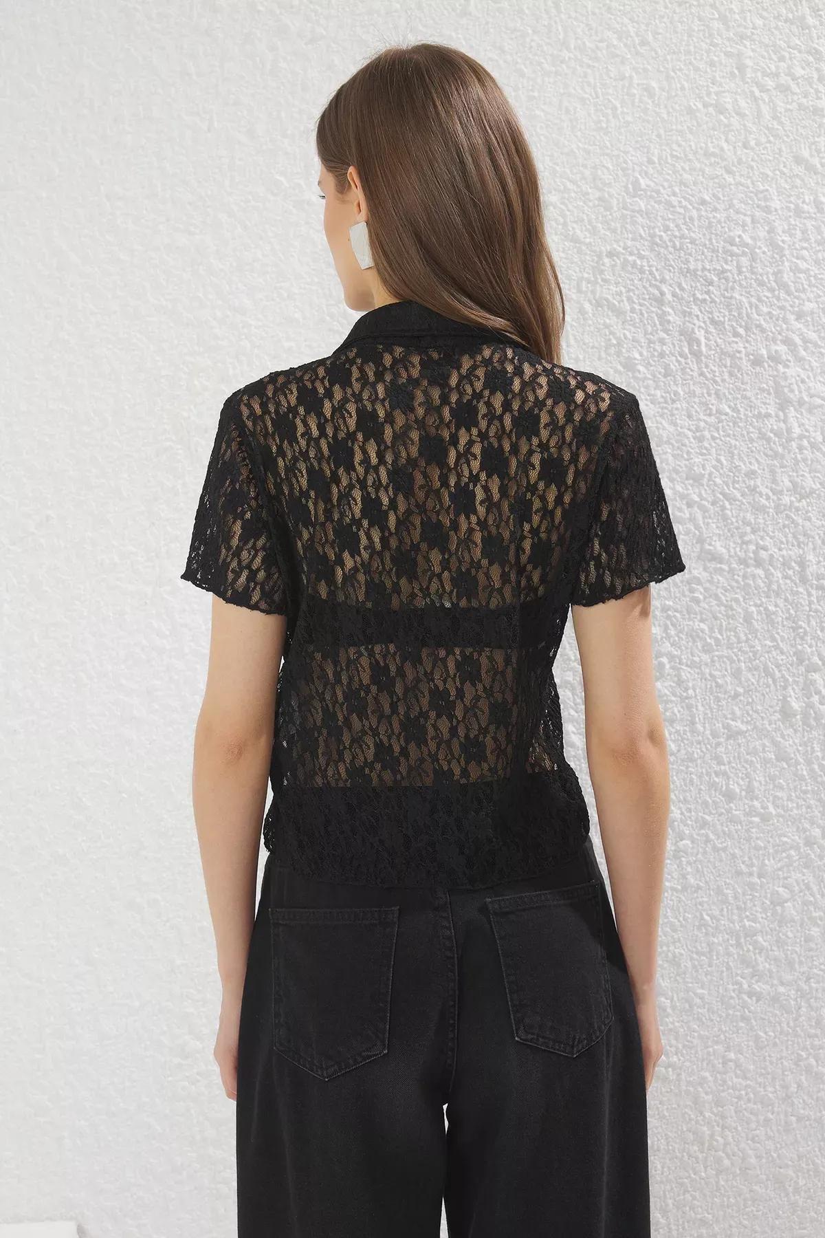 Black Lace Polo Knit Blouse, , large image number 3