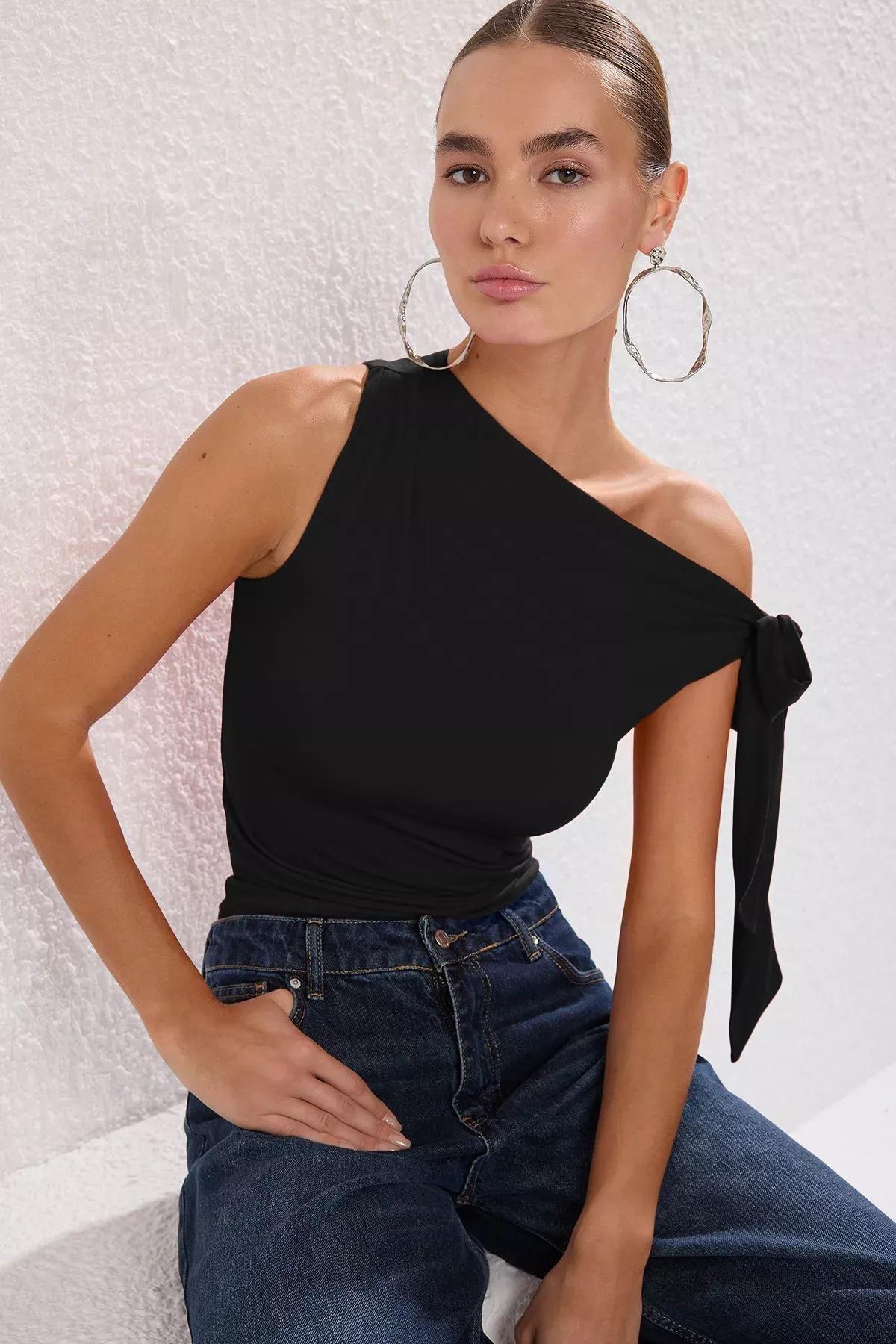 Black Asymmetric Stretchy Blouse, , large image number 0