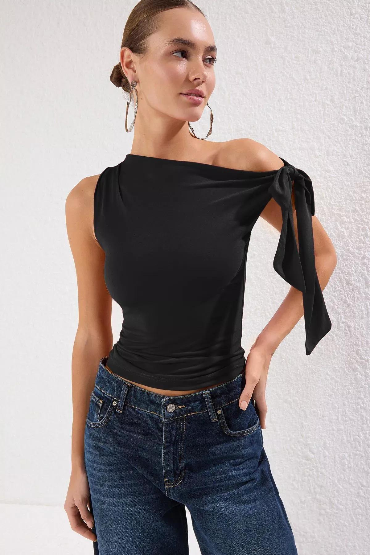 Black Asymmetric Stretchy Blouse, , large image number 1