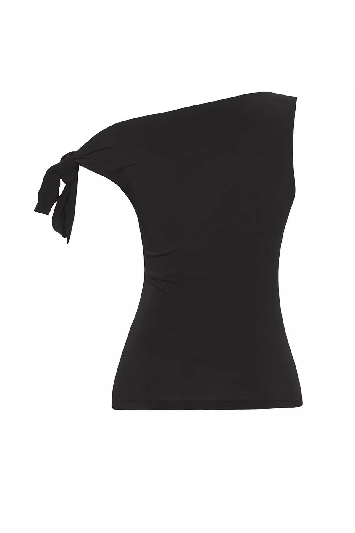 Black Asymmetric Stretchy Blouse, , large image number 4