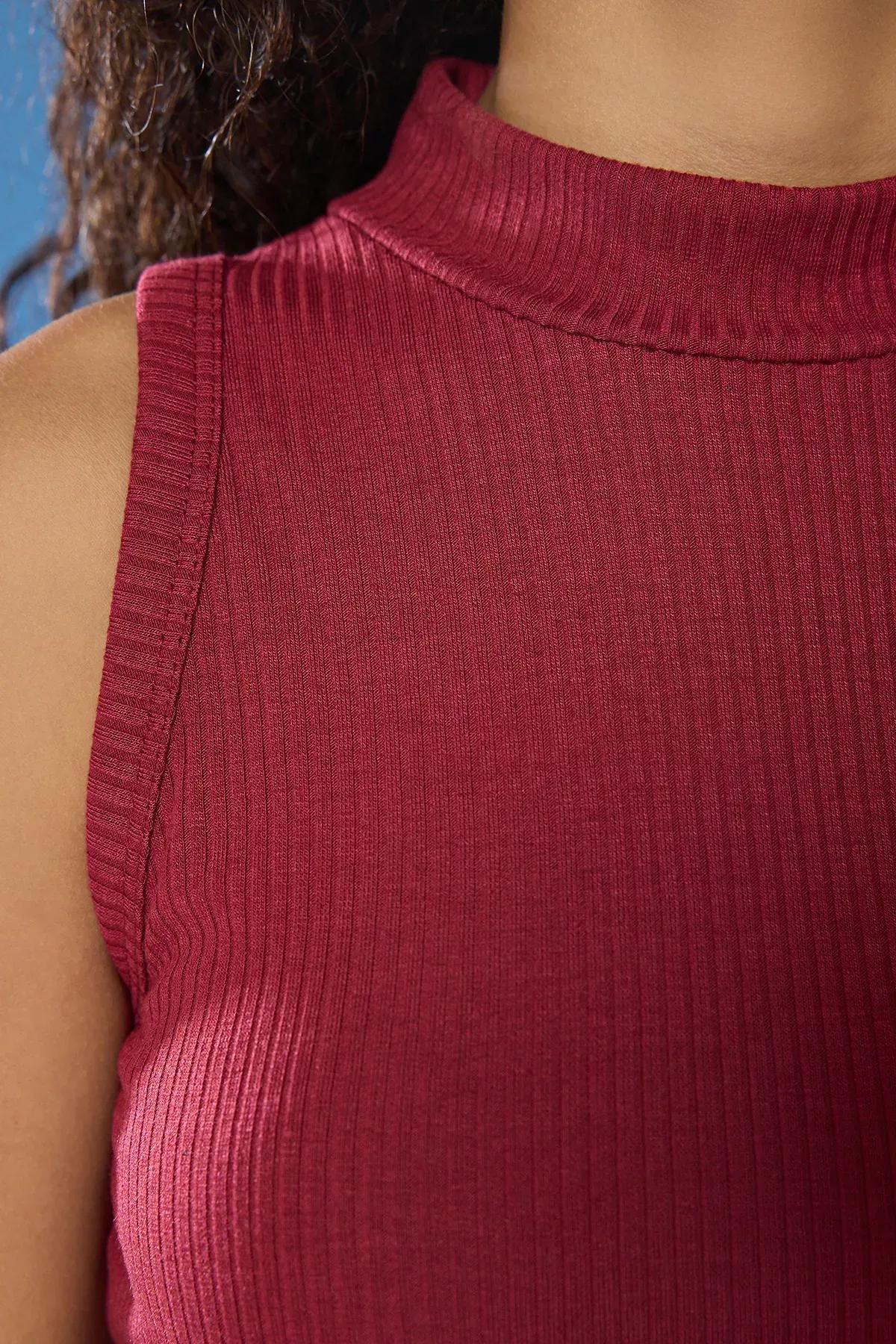 Burgundy Stand Collar Knit Blouse, , large image number 3