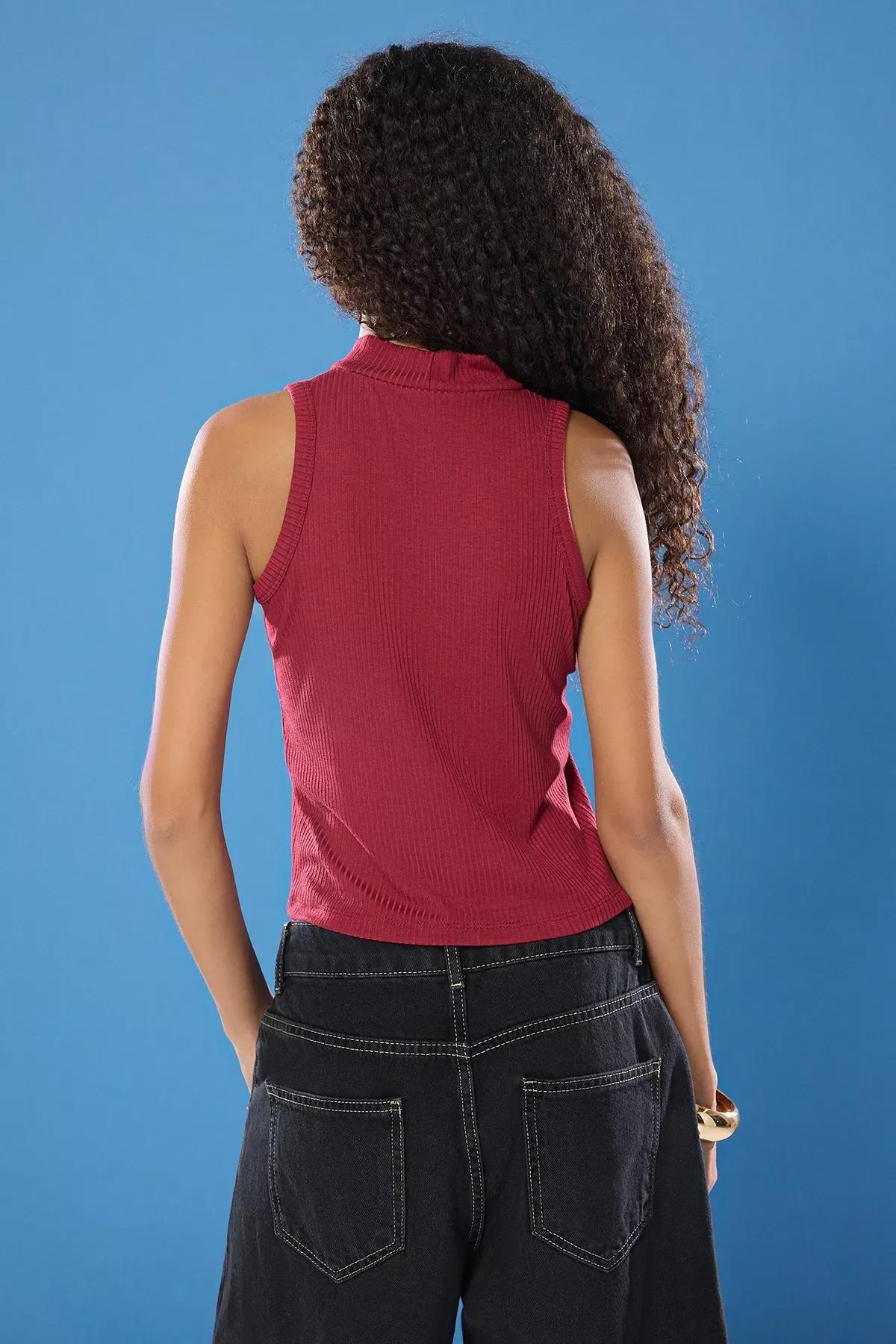 Burgundy Stand Collar Knit Blouse, , large image number 4