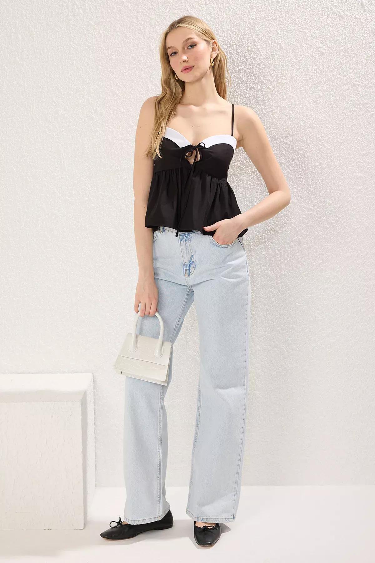 Black Strappy Woven Blouse, , large image number 0