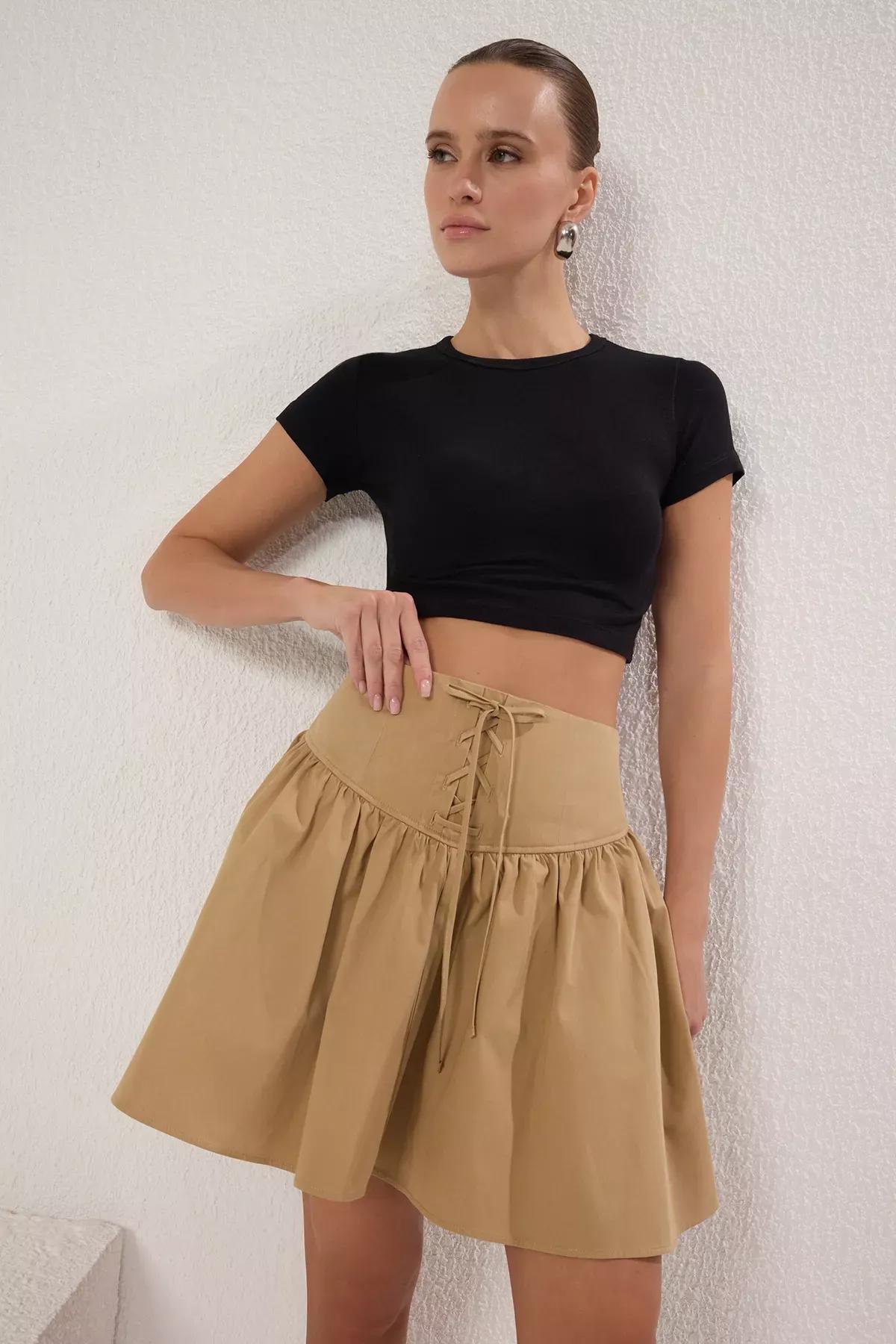 Brown Woven Flared Skirt, Mink, large image number 1