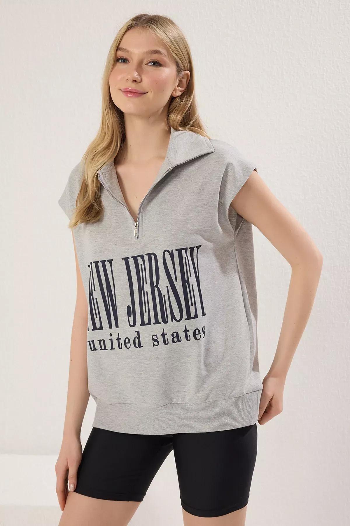 Grey Melange Slogan Printed Knit T-shirt, , large image number 0