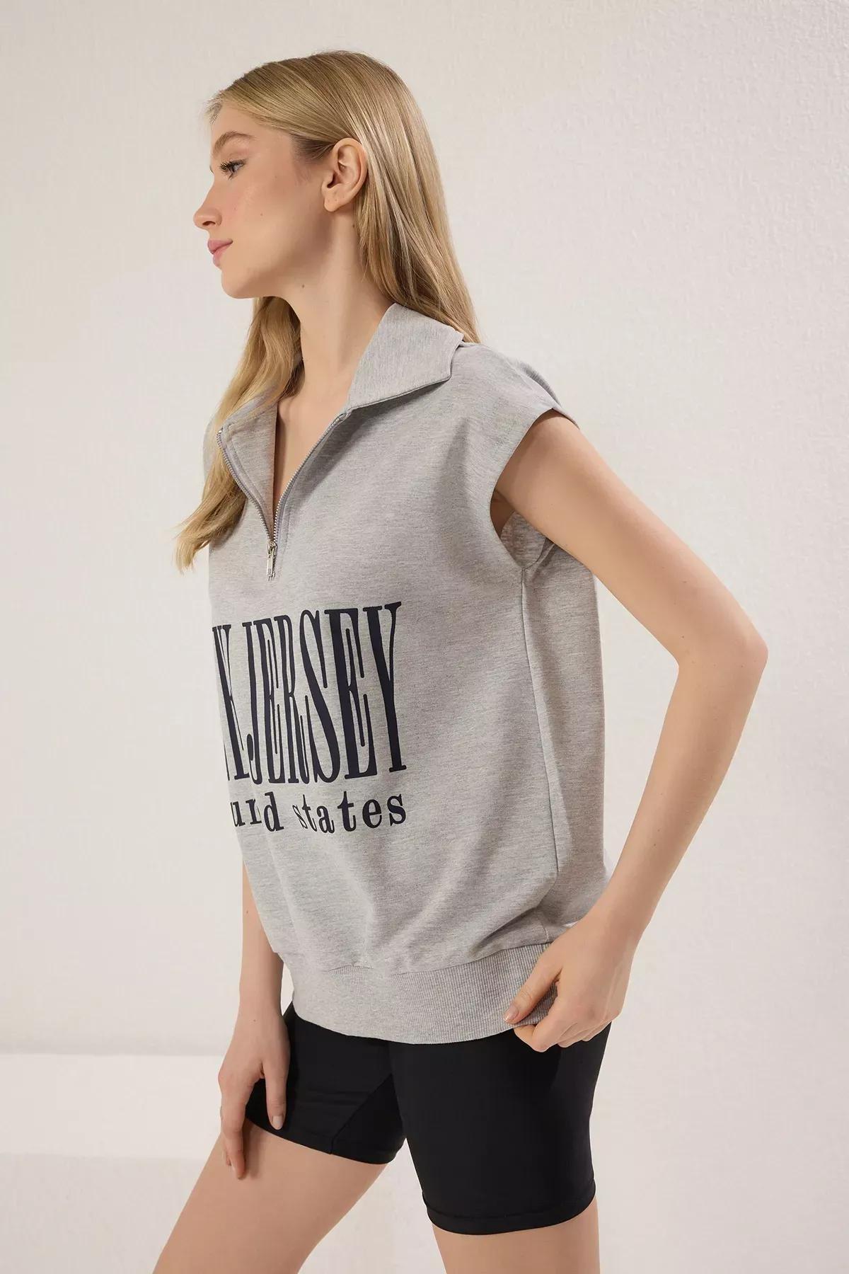 Grey Melange Slogan Printed Knit T-shirt, , large image number 1