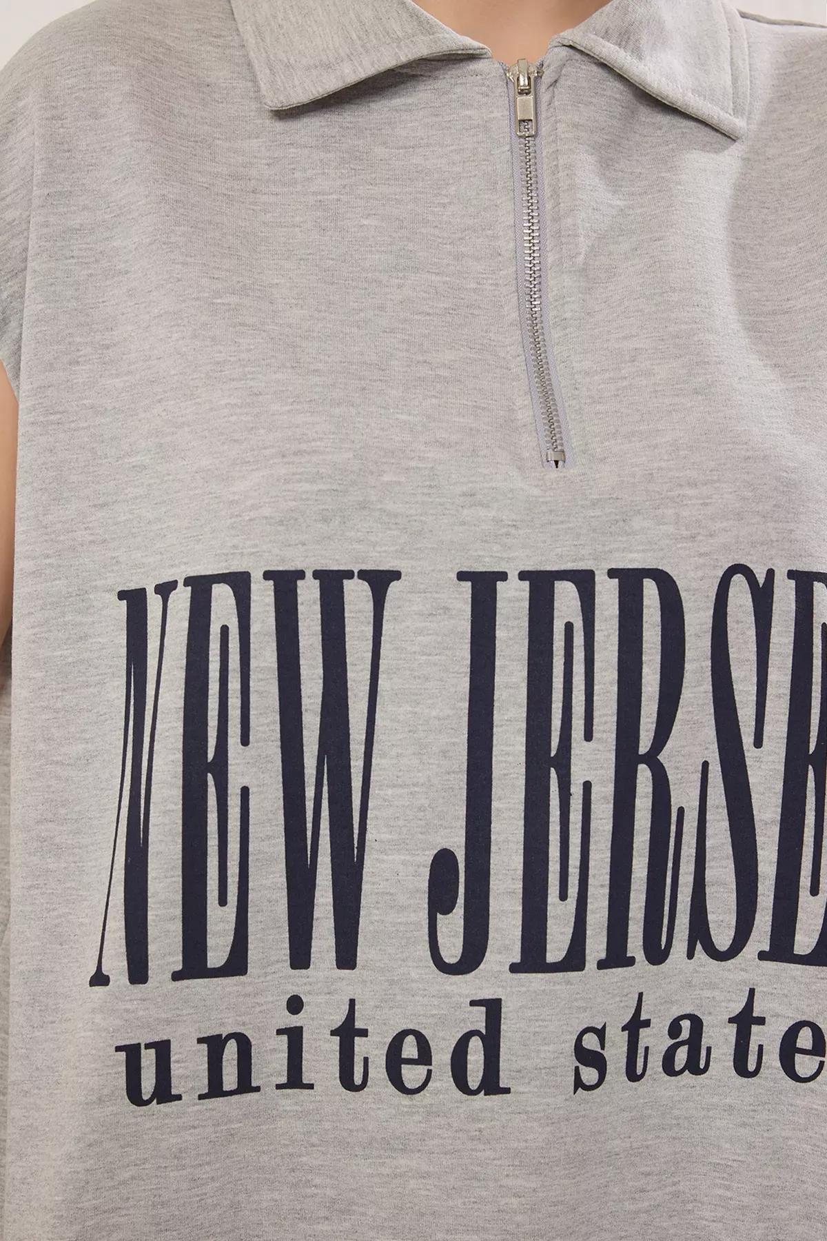 Grey Melange Slogan Printed Knit T-shirt, , large image number 2