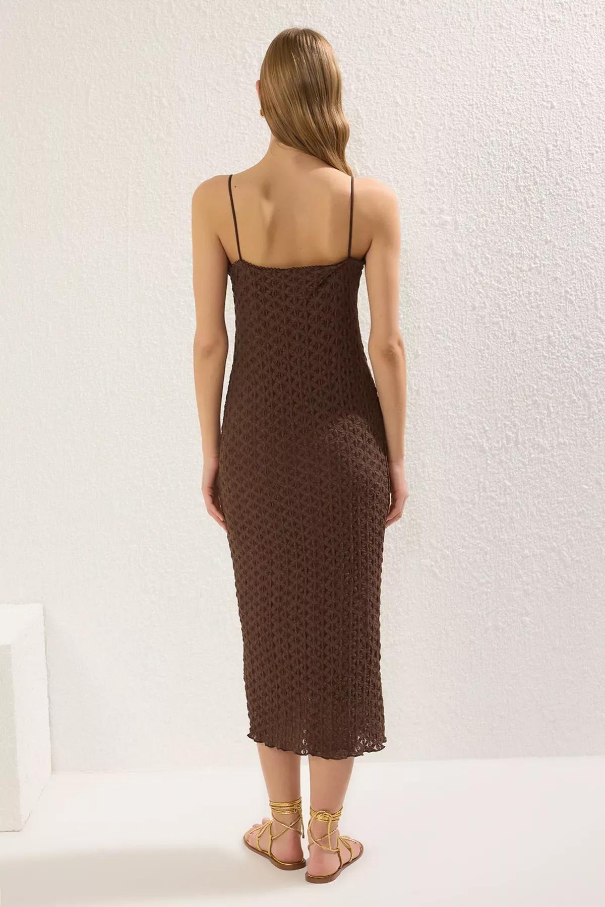 Brown Textured Slip Midi Dress TWOSS25EL00533, Brown, large image number 3