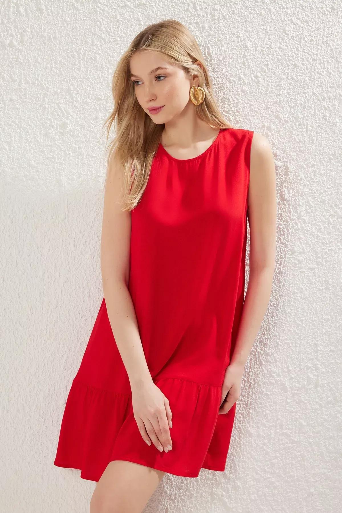 Red Plain Wide Cut Mini Woven Dress, Red, large image number 1