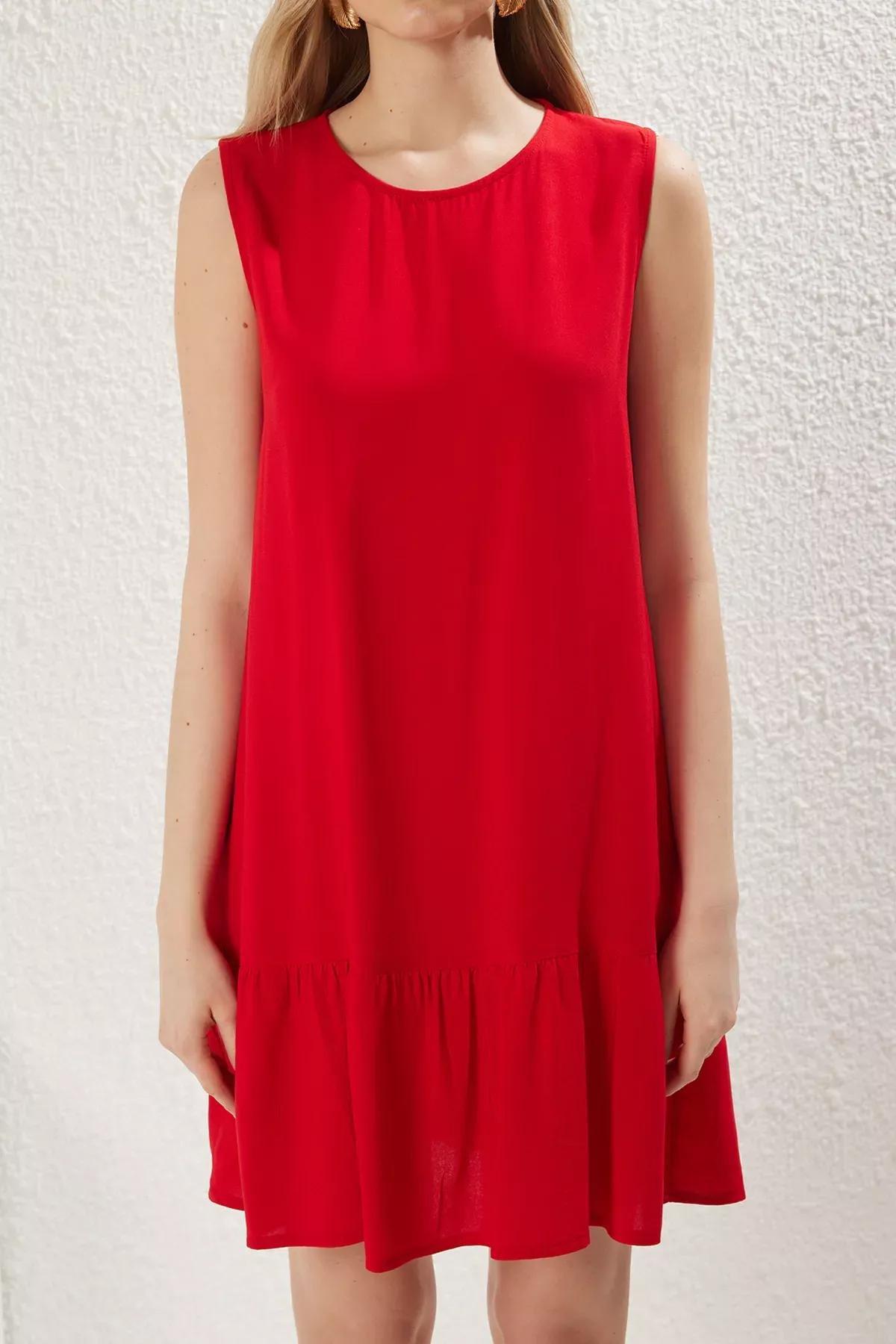 Red Plain Wide Cut Mini Woven Dress, Red, large image number 2