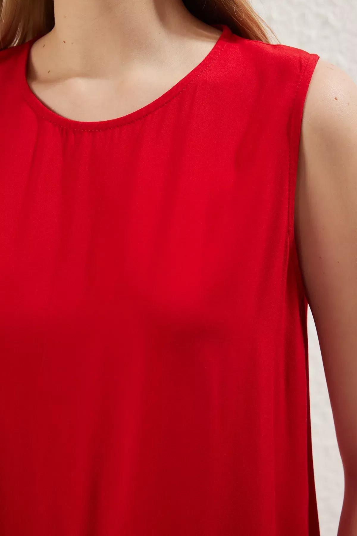 Red Plain Wide Cut Mini Woven Dress, Red, large image number 3