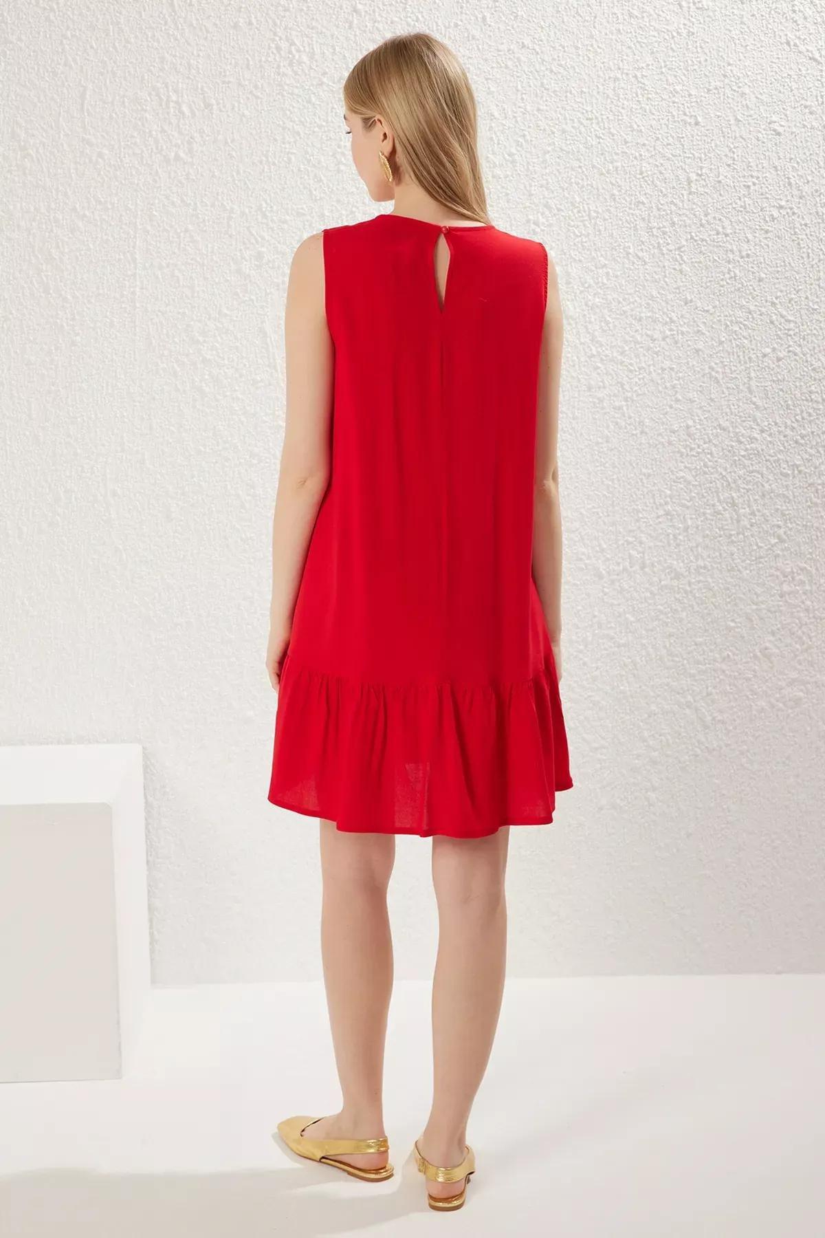Red Plain Wide Cut Mini Woven Dress, Red, large image number 4