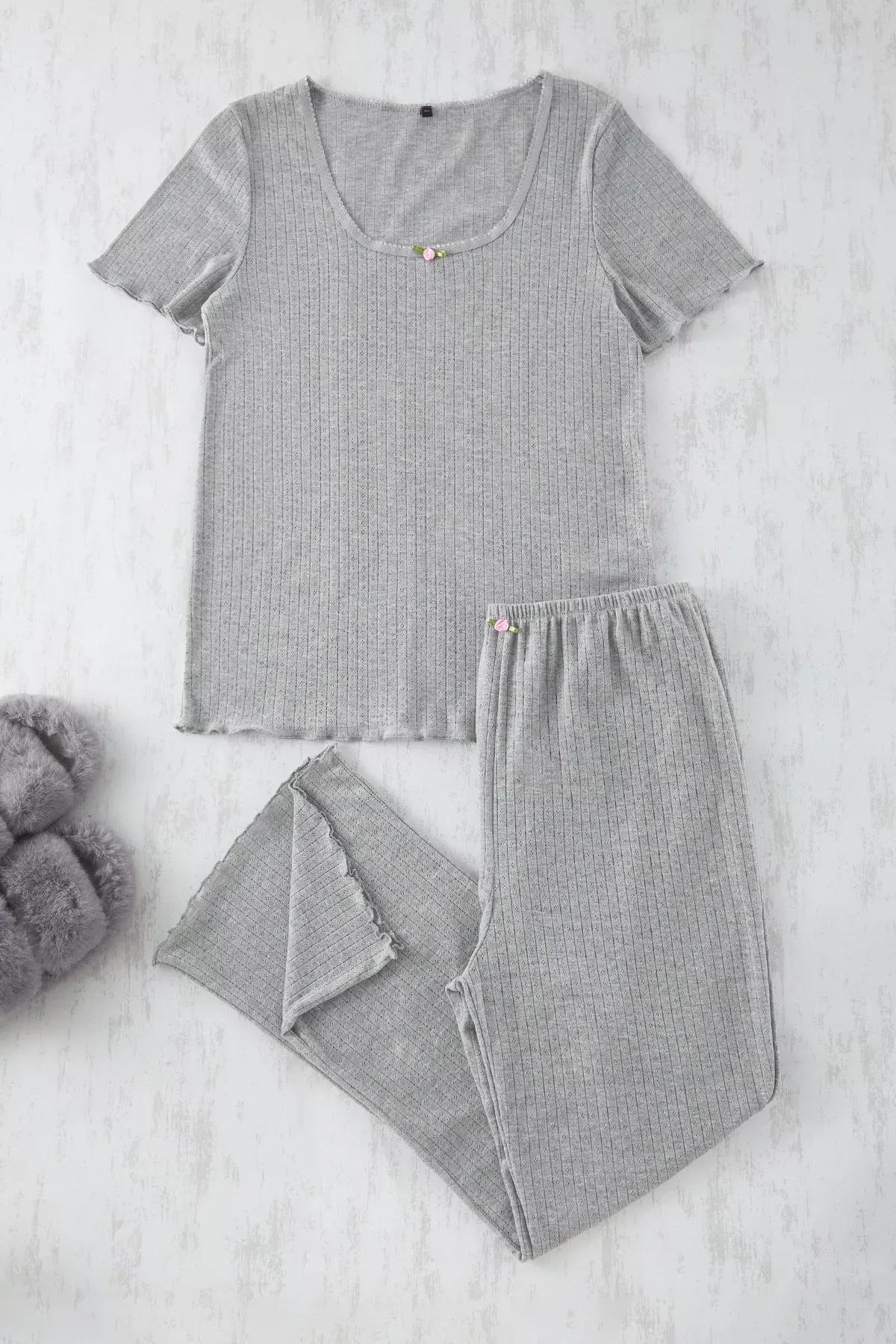 Grey Pointel Openwork Knitted Pyjamas Set, Grey, large image number 0