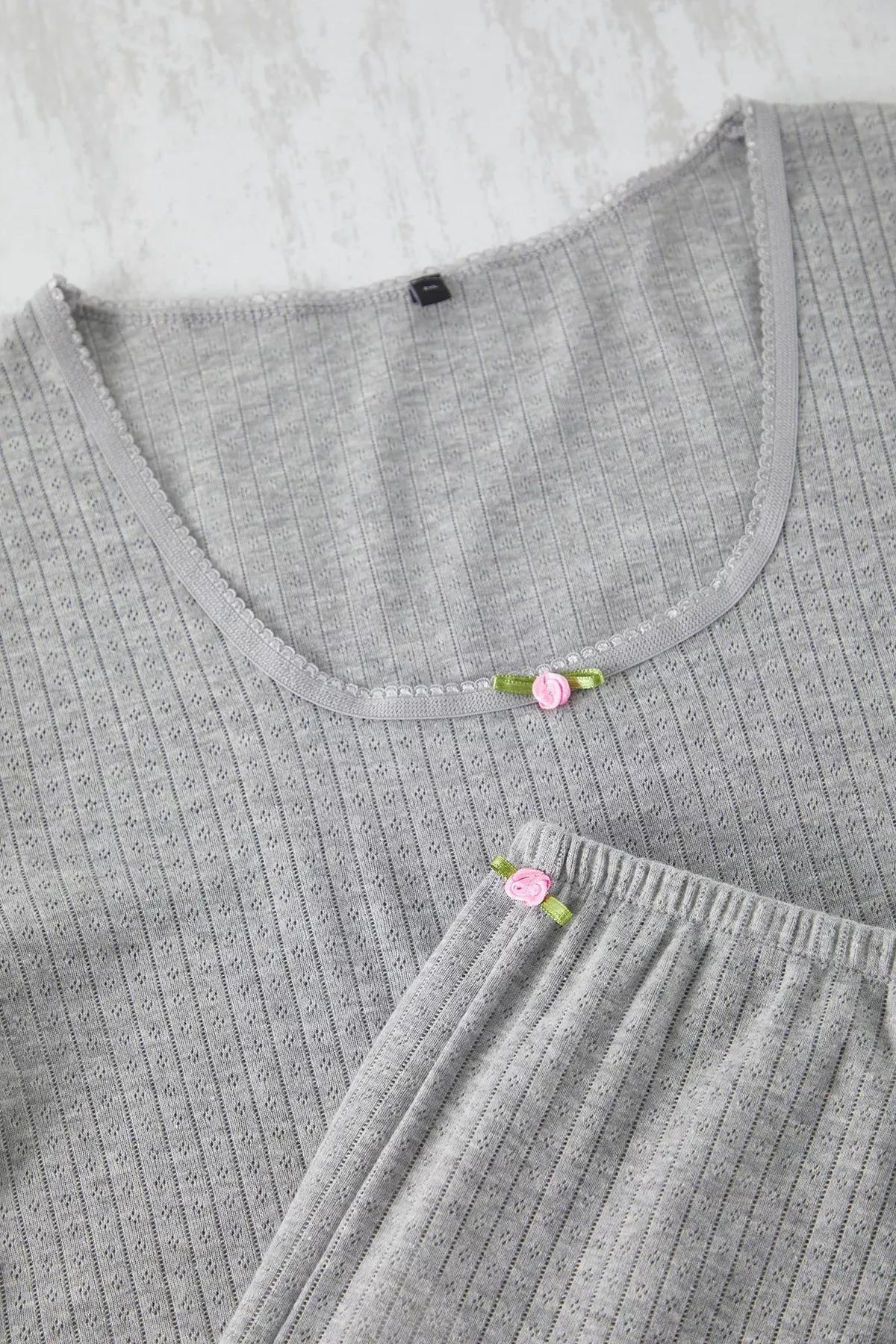 Grey Pointel Openwork Knitted Pyjamas Set, Grey, large image number 2