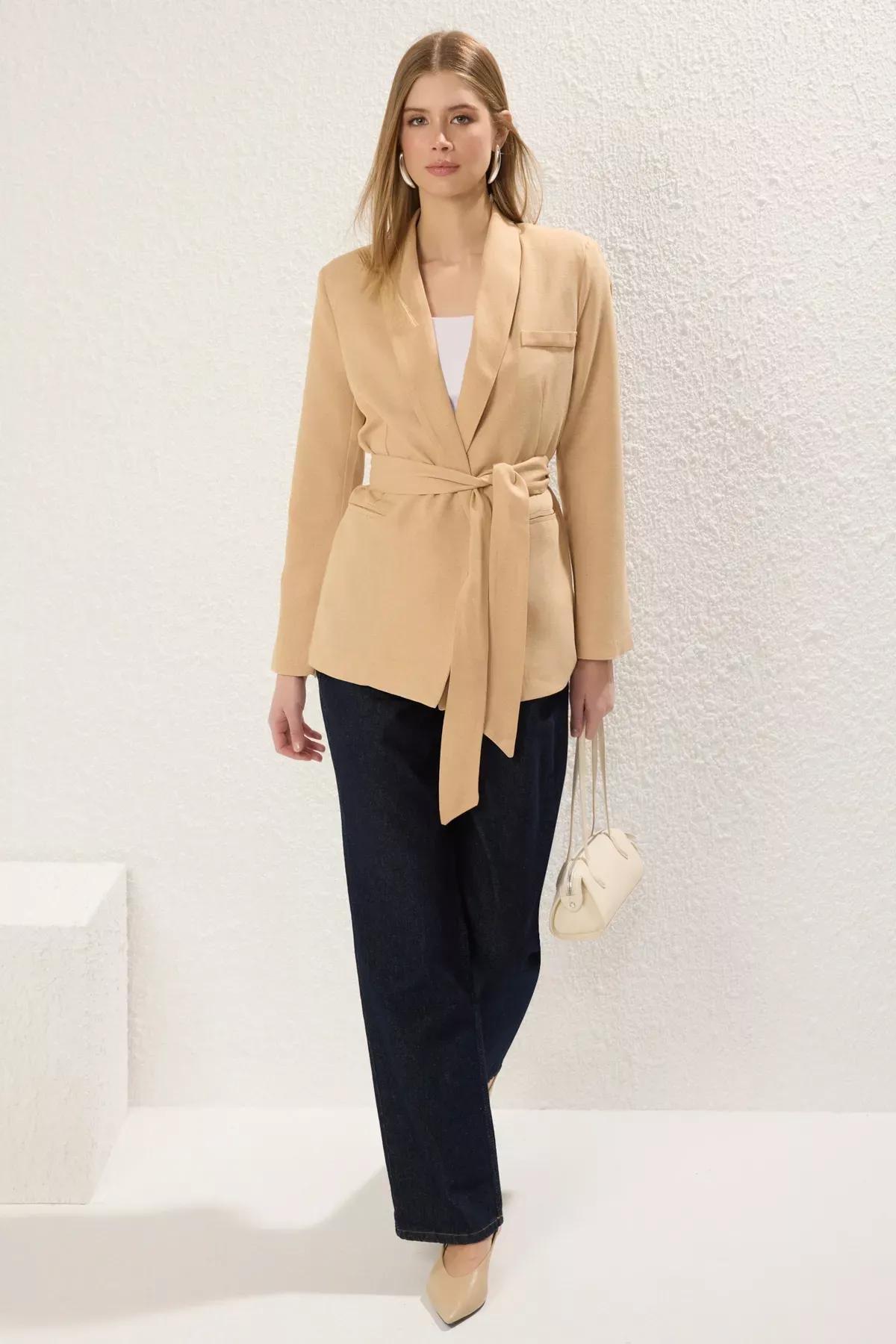 Beige Plain Belted Blazer, , large image number 0